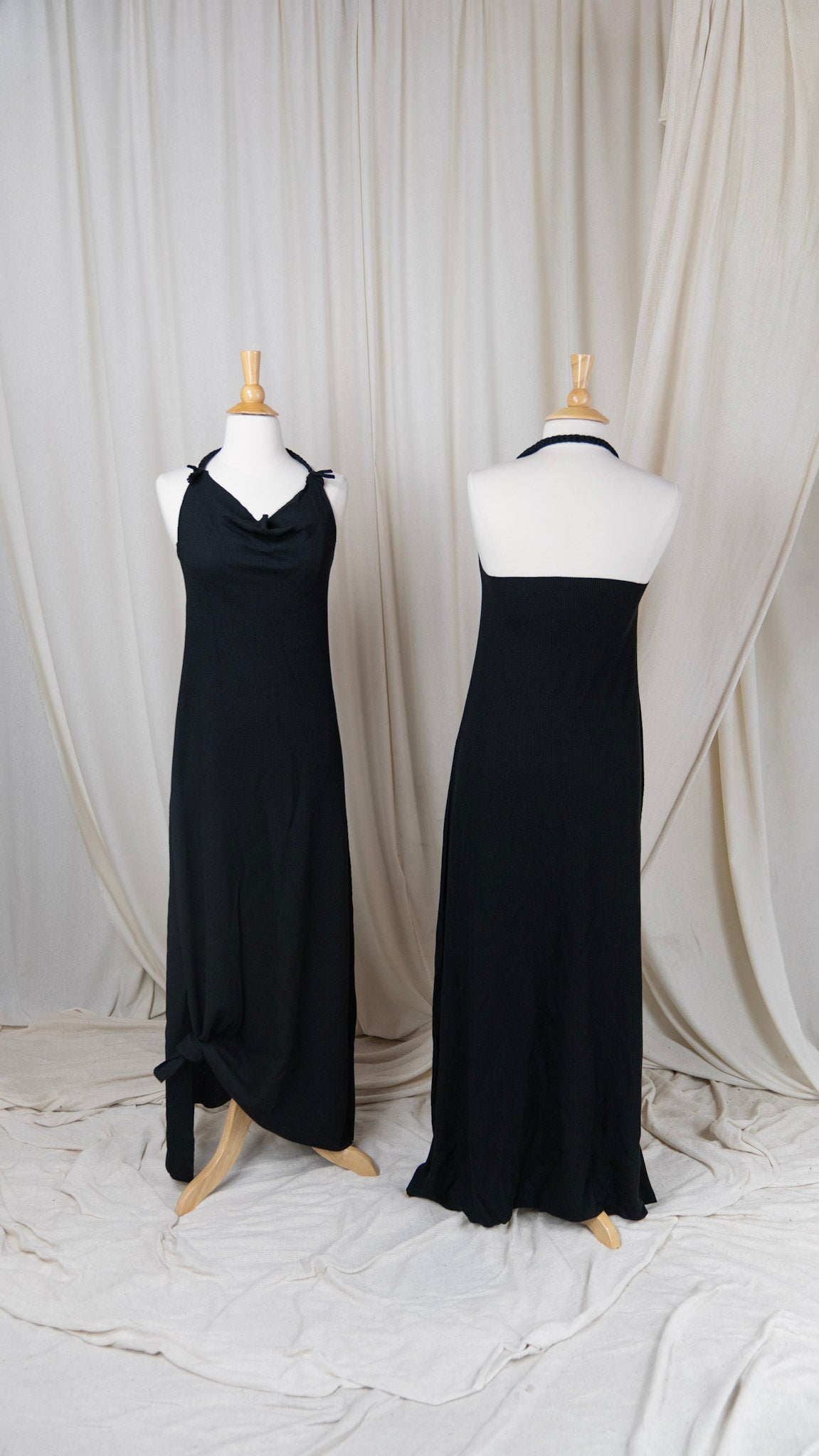 two full length black dresses braided strap cowl neck