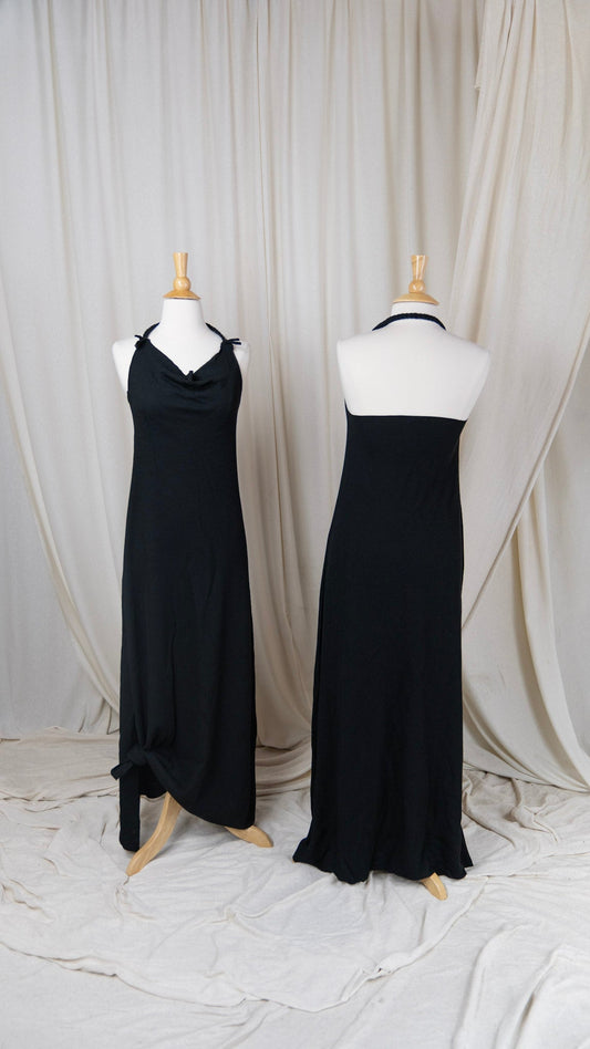 two full length black dresses braided strap cowl neck