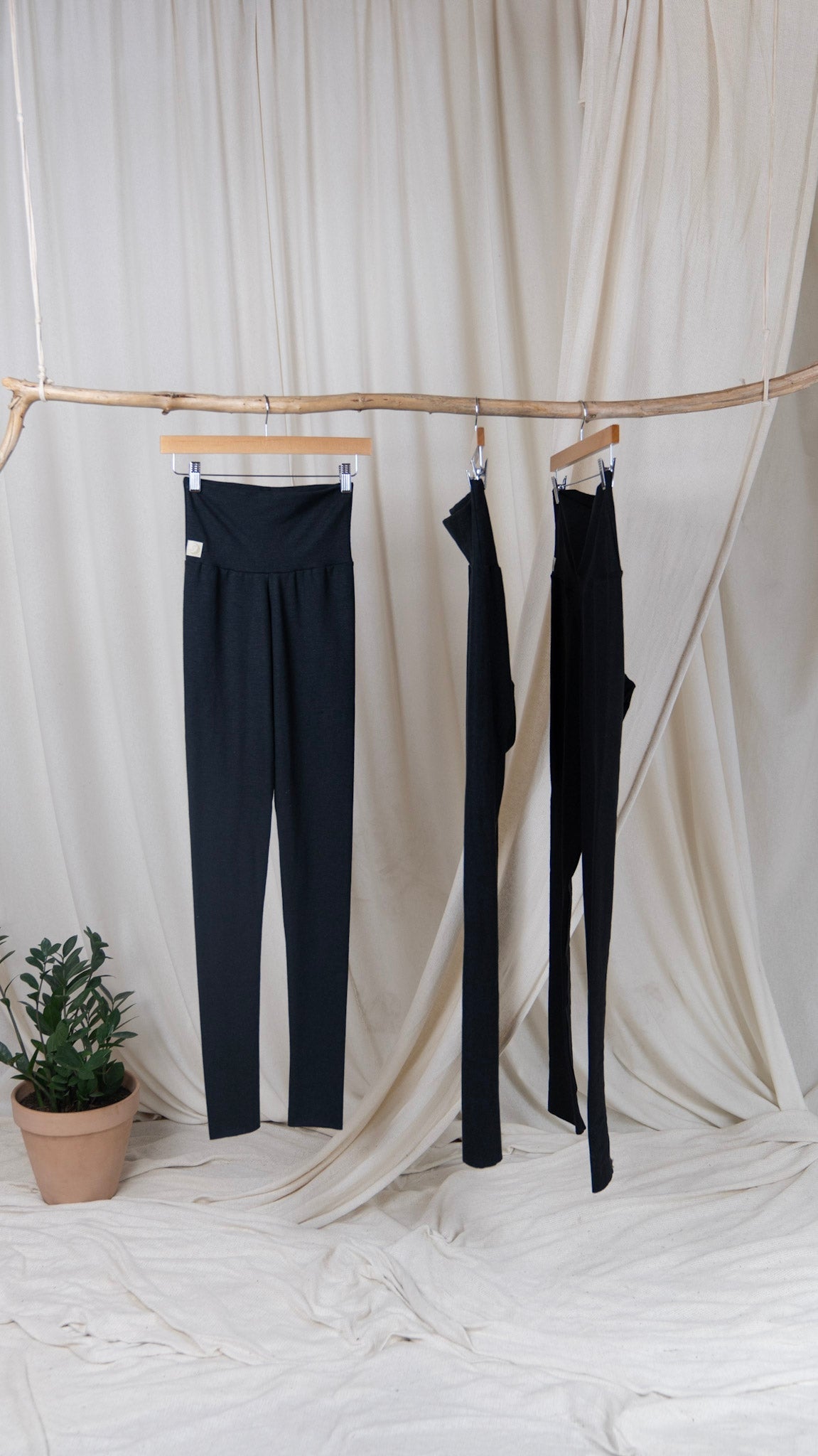 3 pairs of black leggings on hangers, hanging from tree branch with cream fabric background and potted plant on floor to the leftside