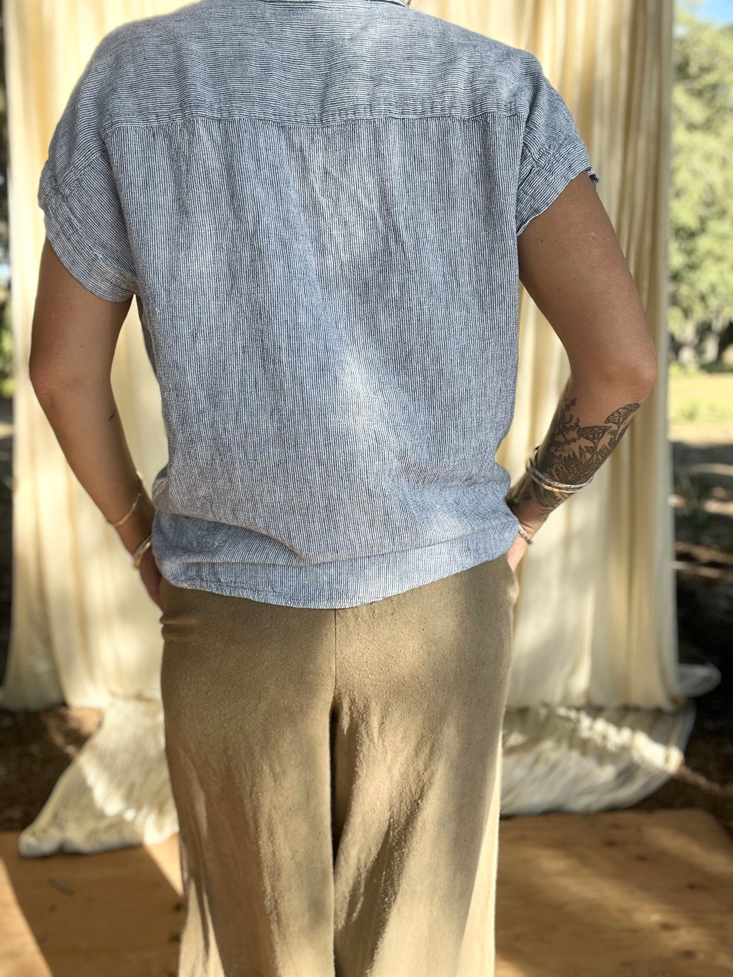 ✧ Blue and White Stripe Tie Front Linen Top ✧ Natural Fibers