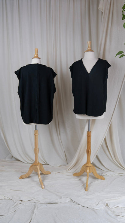 two loose fitting black tops with no sleeves and vneck
