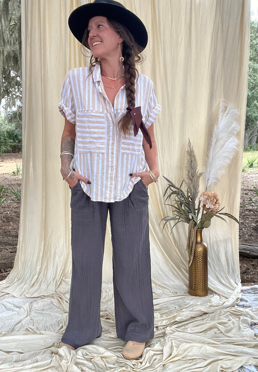 ✧ Tan & White Stripe Linen Button Down ✧ Natural Fibers