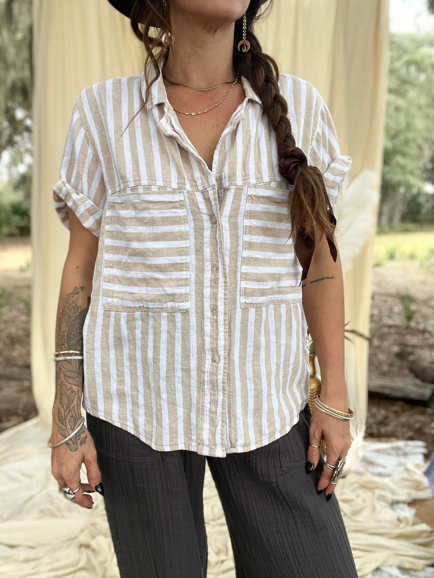 ✧ Tan & White Stripe Linen Button Down ✧ Natural Fibers
