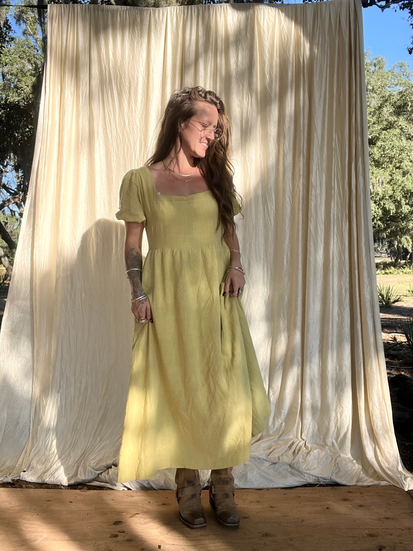 ✧ Puff Sleeve Midi Dress ✧ Natural Fibers