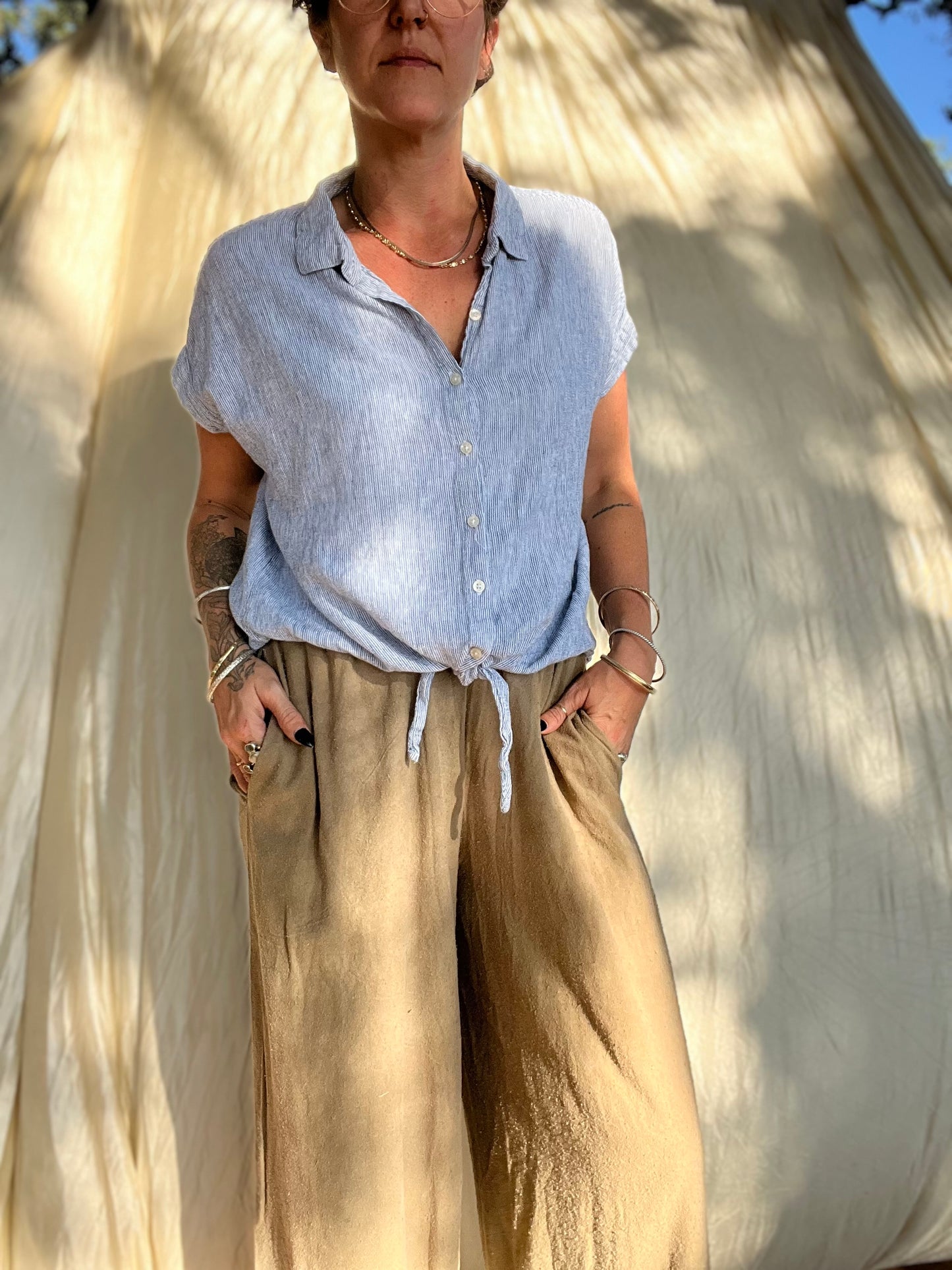 ✧ Blue and White Stripe Tie Front Linen Top ✧ Natural Fibers
