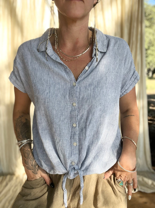 ✧ Blue and White Stripe Tie Front Linen Top ✧ Natural Fibers