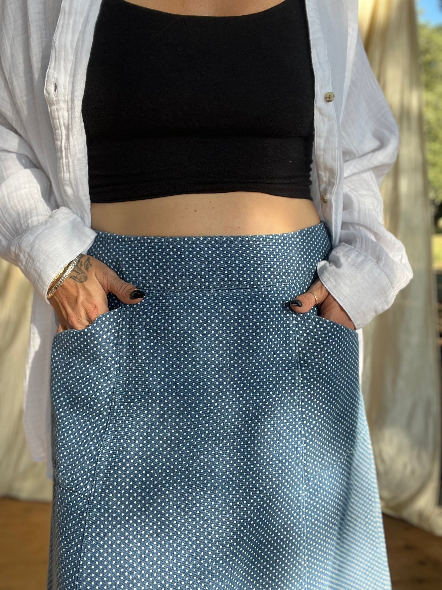 ✧ Handmade Pocket Skirt ✧ Denim Polka Dots