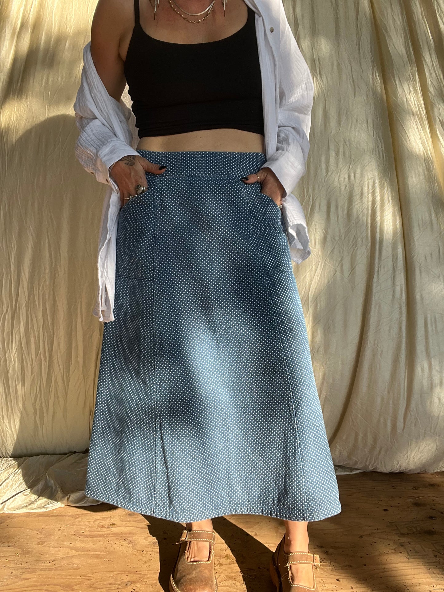 ✧ Handmade Pocket Skirt ✧ Denim Polka Dots