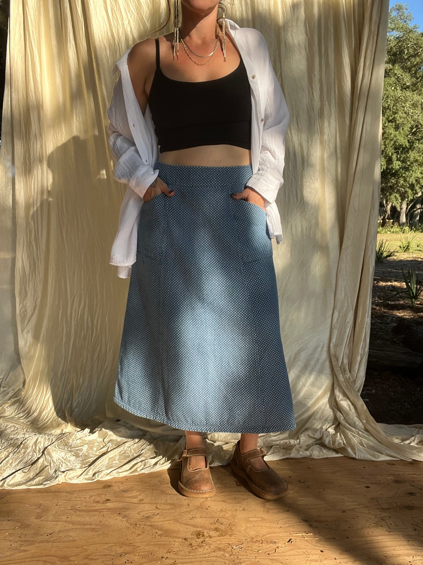 ✧ Handmade Pocket Skirt ✧ Denim Polka Dots