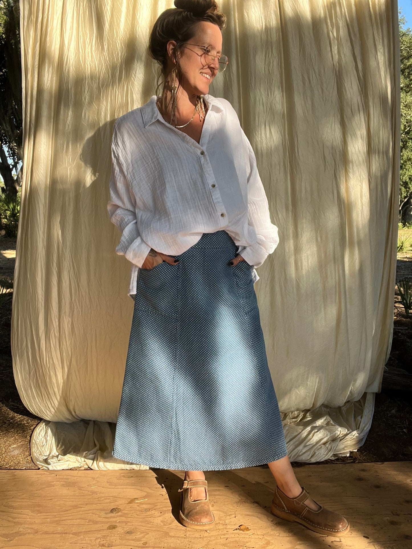 ✧ Handmade Pocket Skirt ✧ Denim Polka Dots