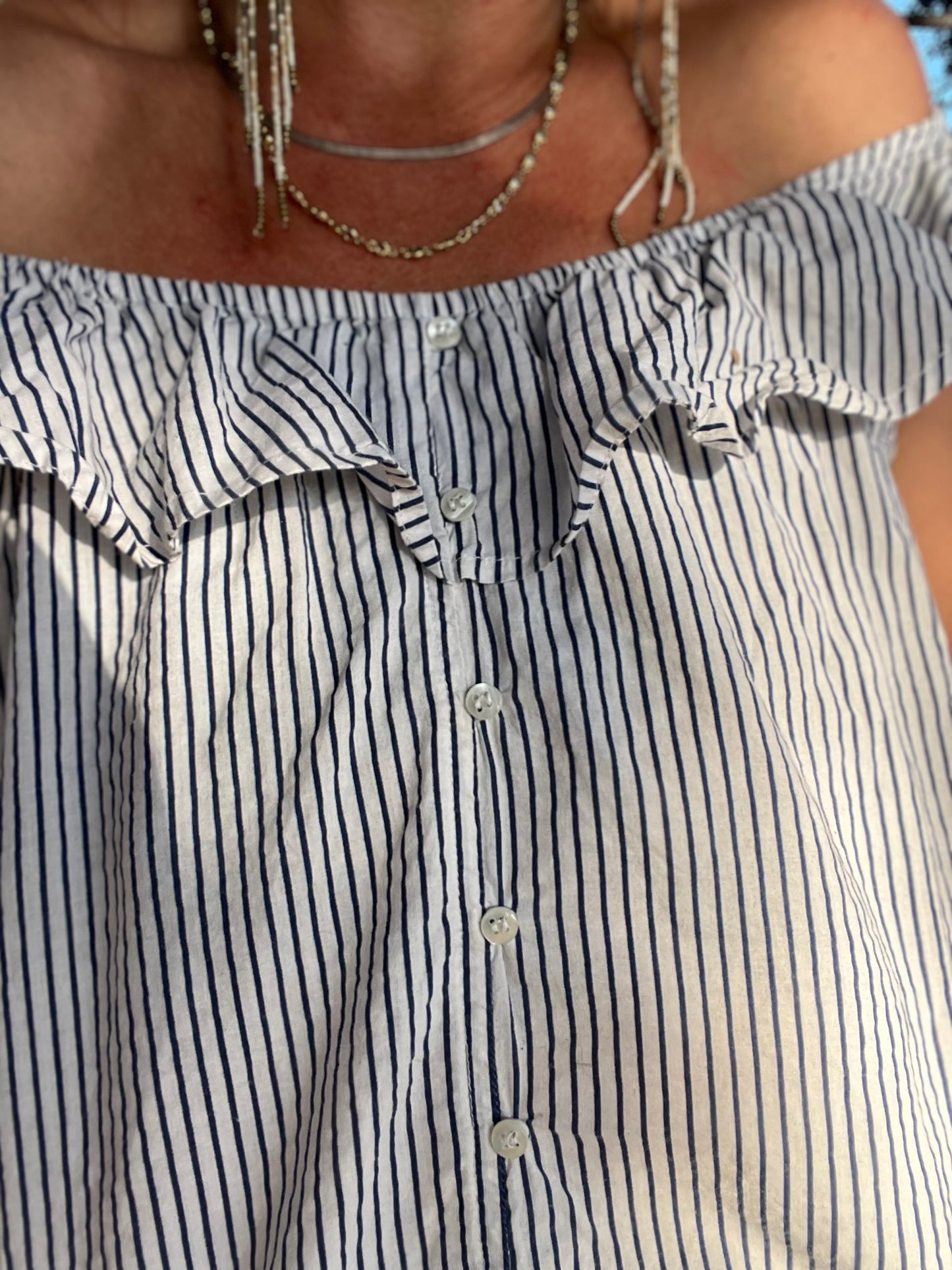 ✧ Blue and White Stripe Ruffle Top ✧ Natural Fibers