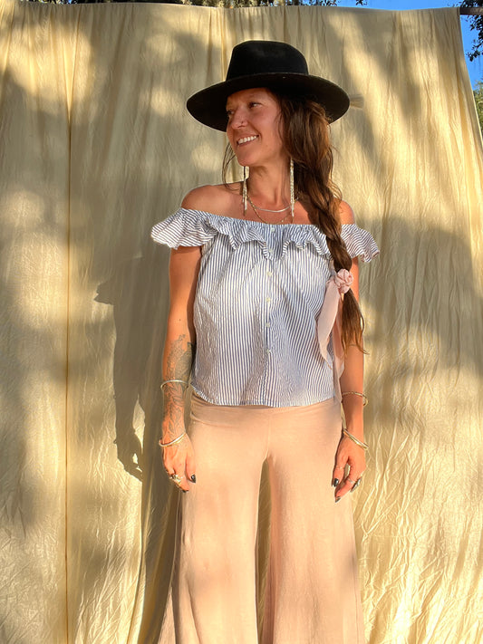 ✧ Blue and White Stripe Ruffle Top ✧ Natural Fibers