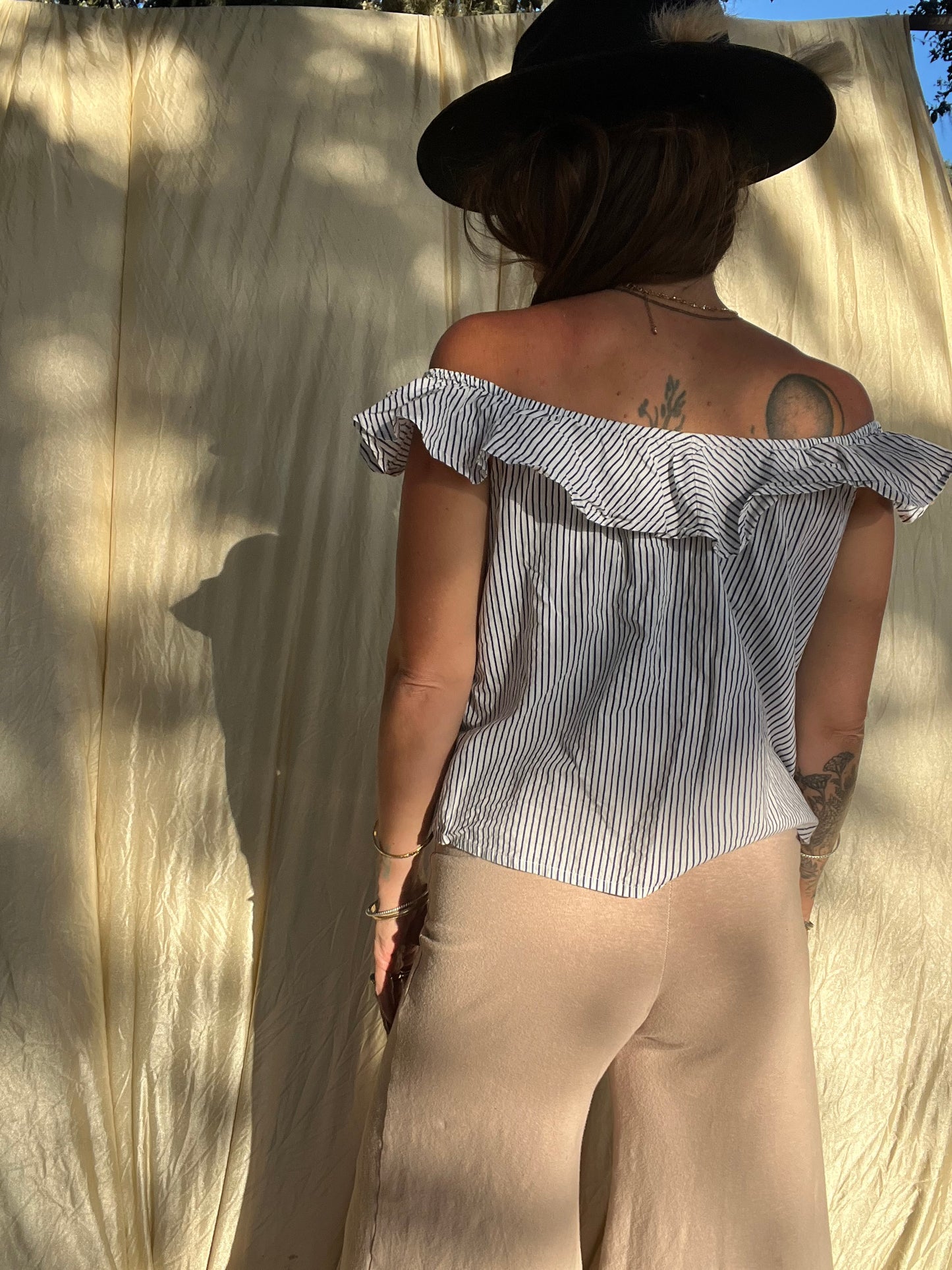 ✧ Blue and White Stripe Ruffle Top ✧ Natural Fibers
