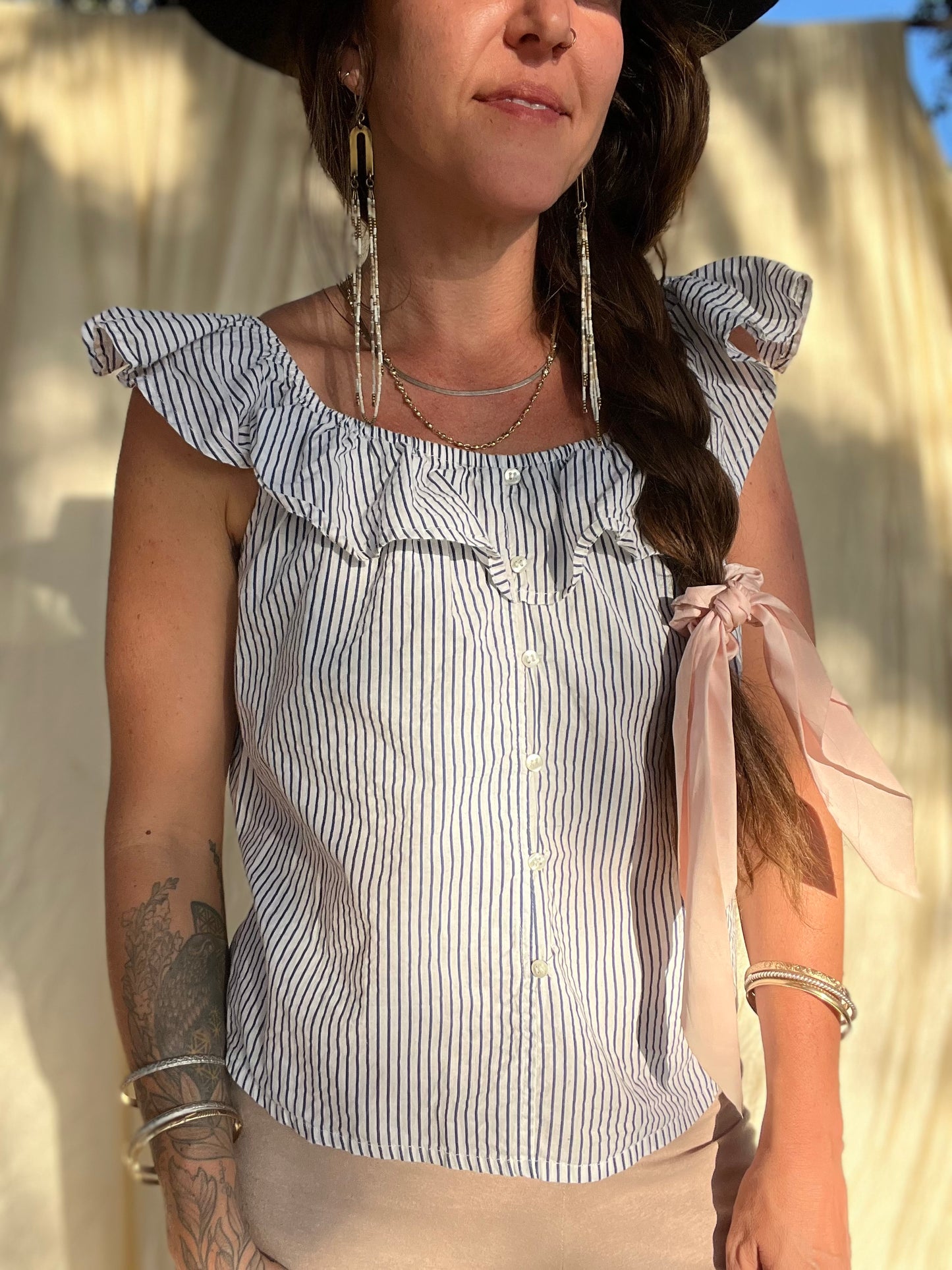 ✧ Blue and White Stripe Ruffle Top ✧ Natural Fibers