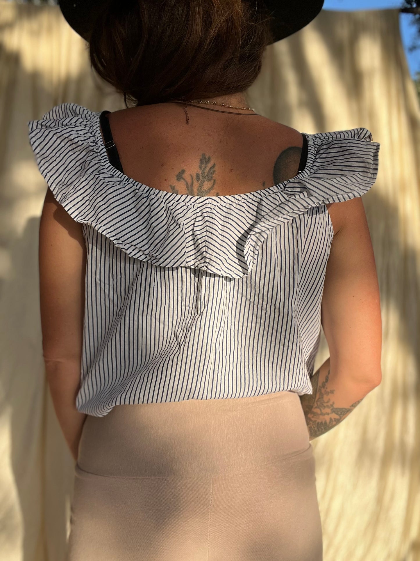 ✧ Blue and White Stripe Ruffle Top ✧ Natural Fibers