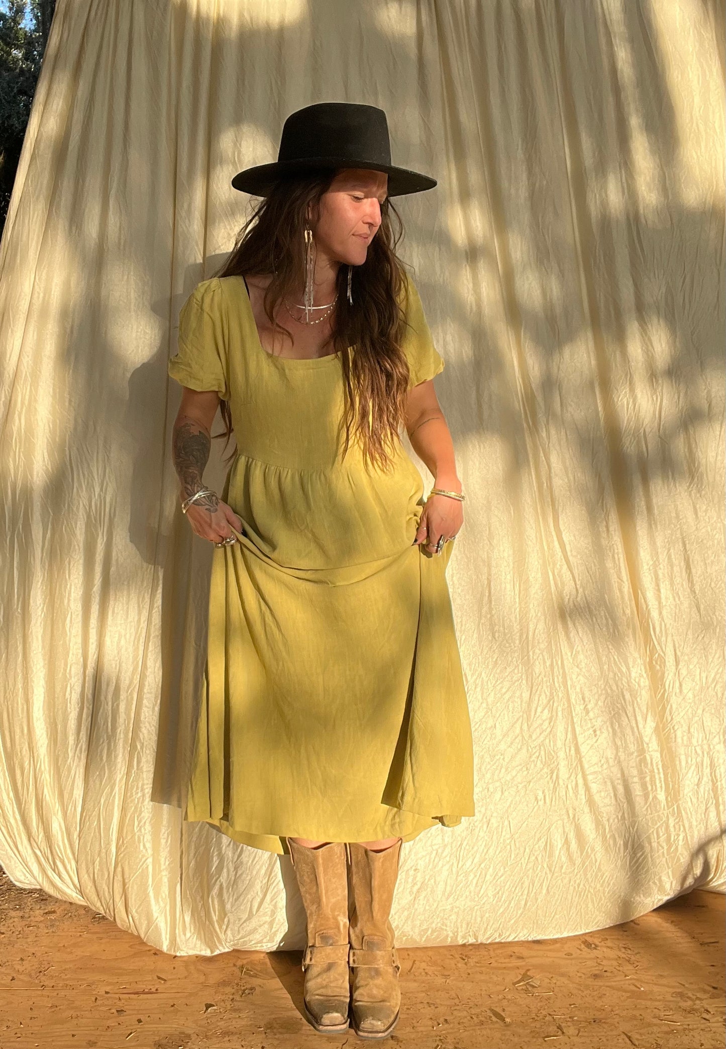 ✧ Puff Sleeve Midi Dress ✧ Natural Fibers